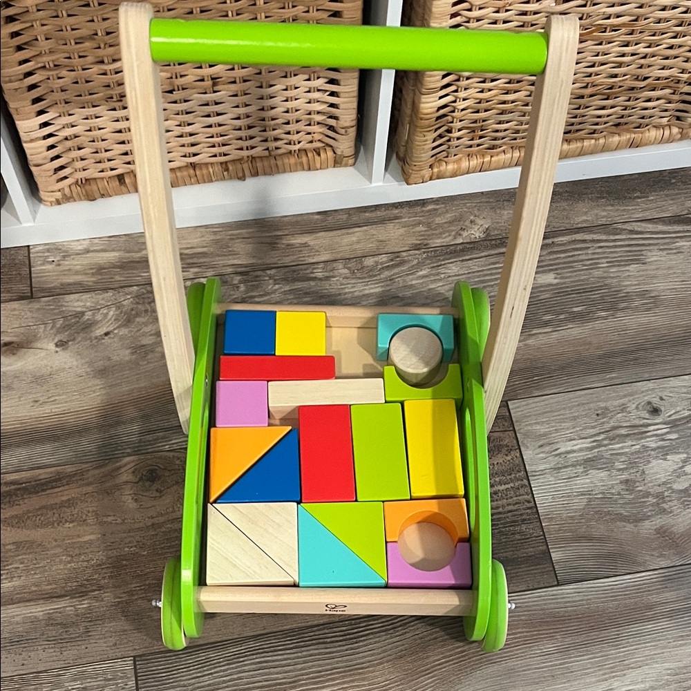 Wooden Push Walker with Bright Green Frame and Multicolor Blocks
